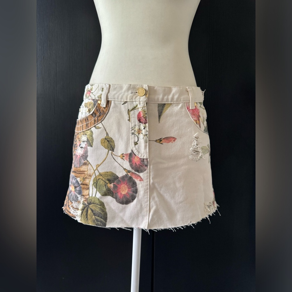 VTG ROBERTO CAVALLI Y2K 90s White Animal Floral Print Mini Denim Skirt M